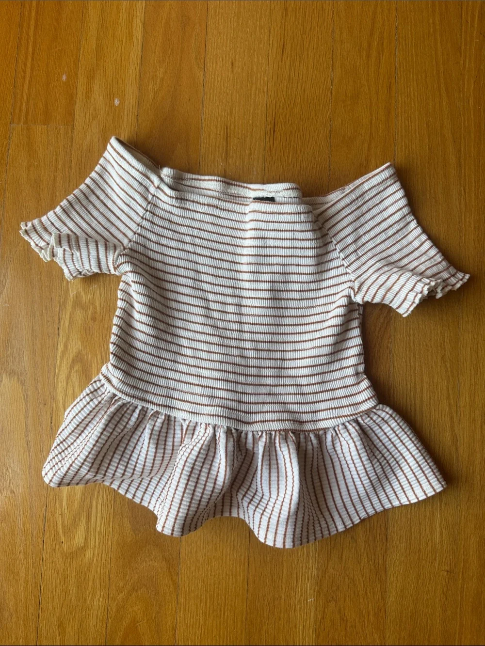 Striped Off-Shoulder Ruffle Top in Cream & Rust - Picture 1 of 3